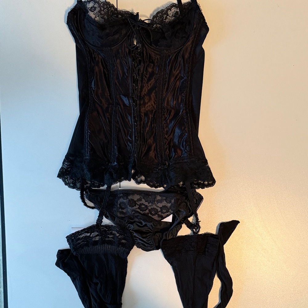 Darling Elegant Satin Black Lace Corset Set including Lace Topped Hose.